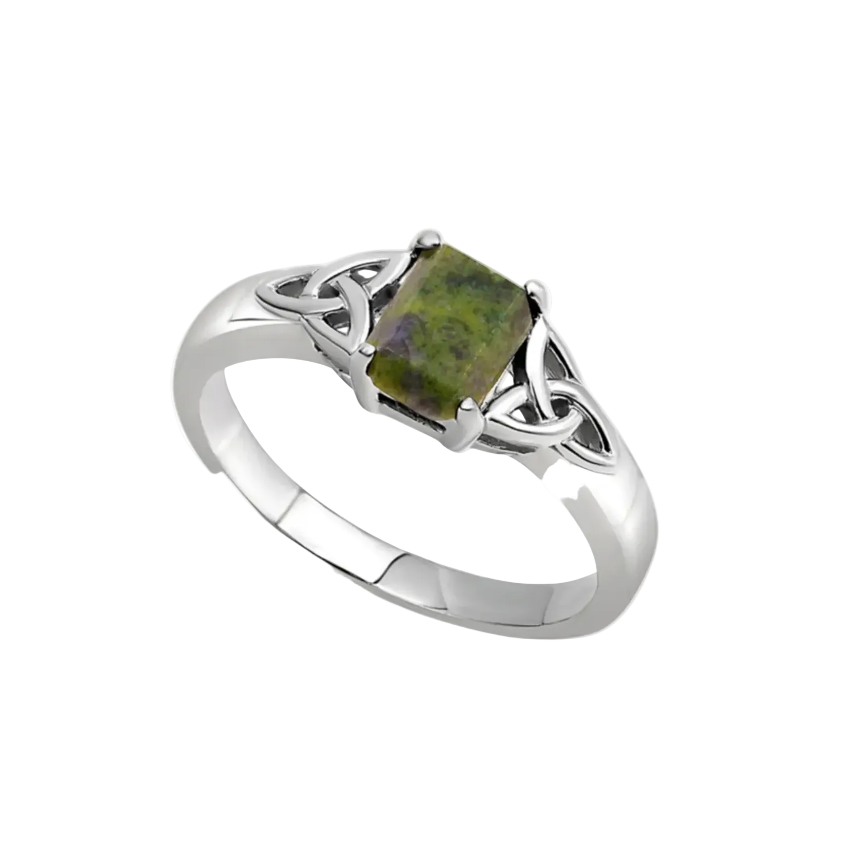 A sterling silver ring with a trinity knot design featuring Connemara marble as the central stone.