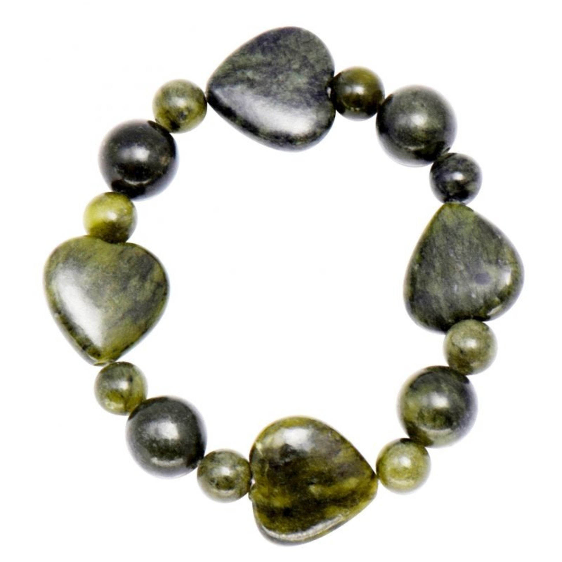 Bracelet with heart-shaped and round beads on a white background