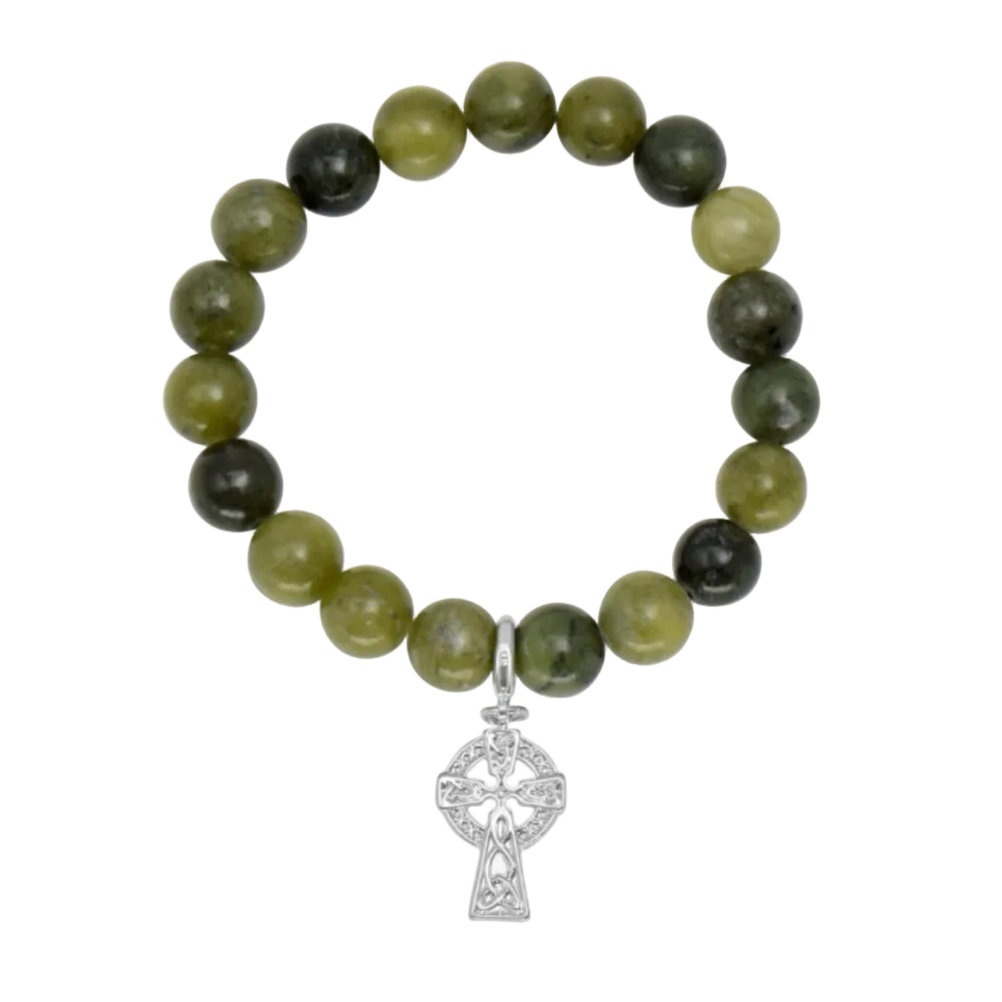 Green beaded bracelet with a silver Celtic cross charm on a white background