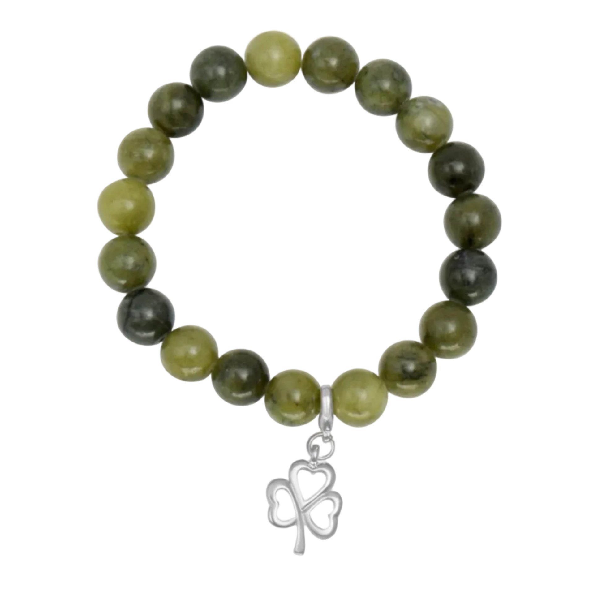 Green beaded bracelet with a silver shamrock charm on a white background