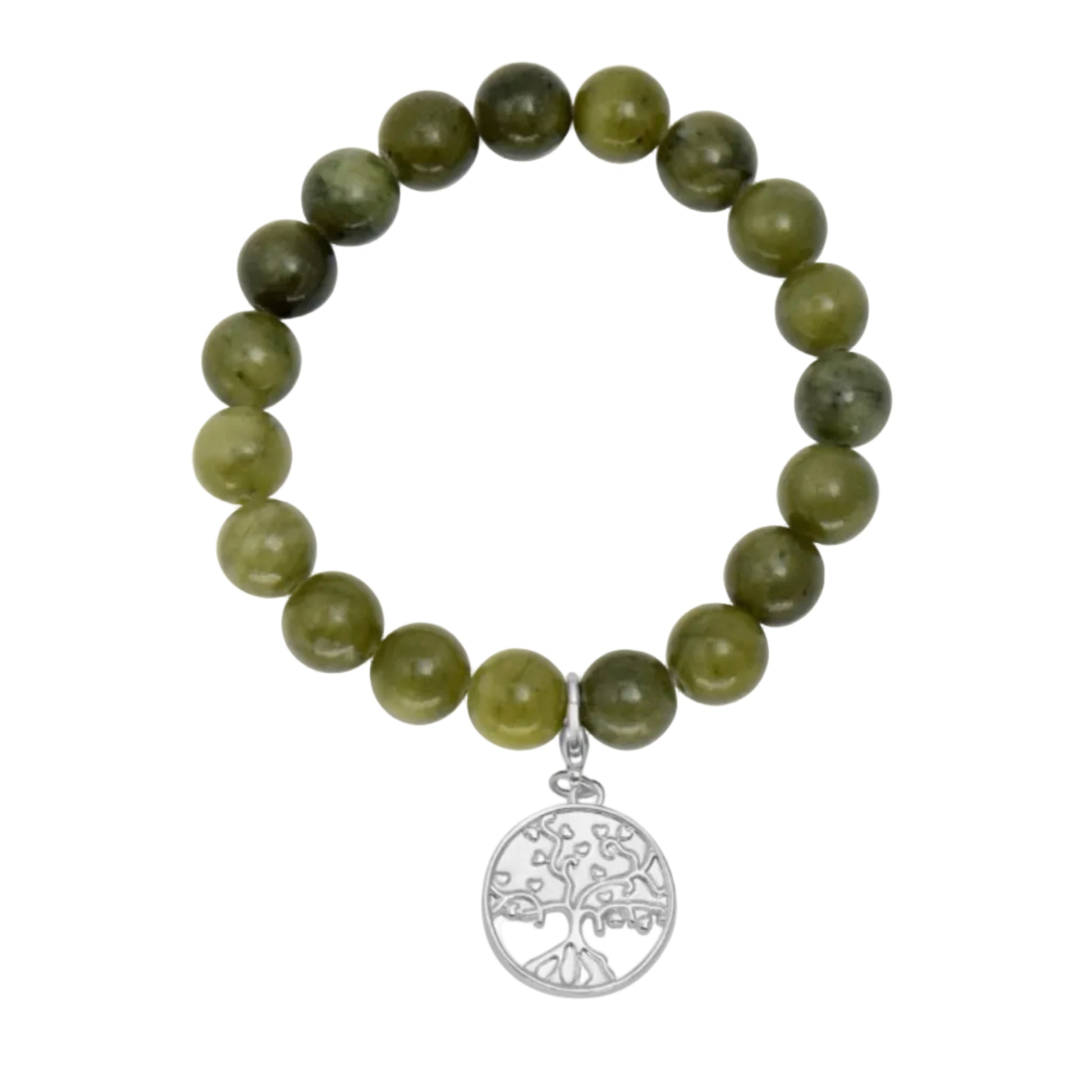 Green beaded bracelet with a silver tree of life pendant on a white background