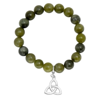 Green beaded bracelet with a silver Trinity knot charm on a white background