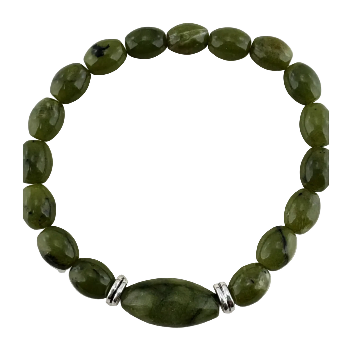 Green beaded bracelet with silver accents on a white background
