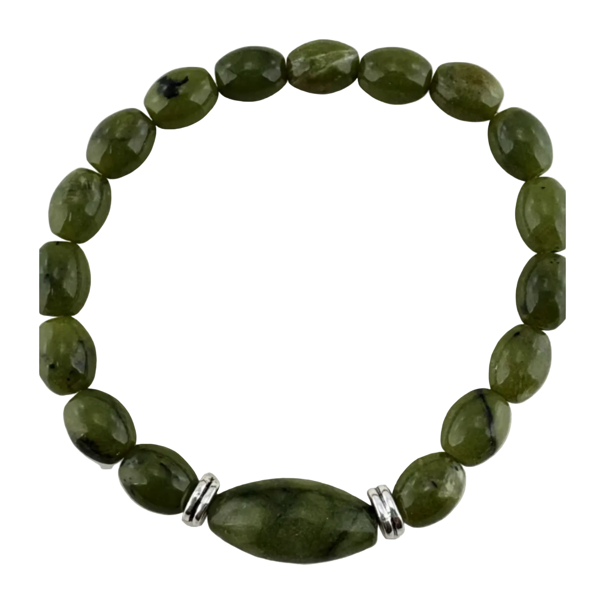 Green beaded bracelet with silver accents on a white background