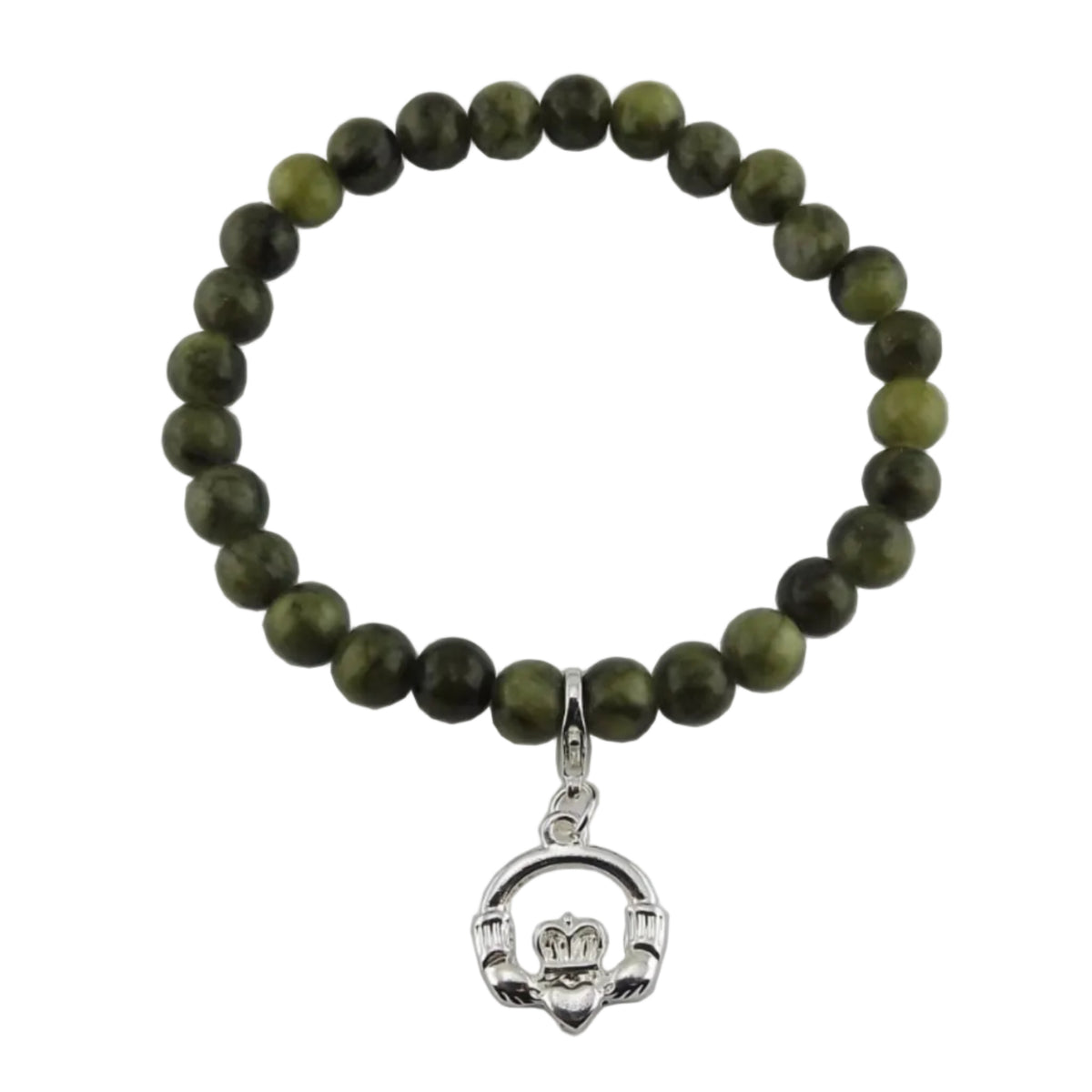 Green beaded bracelet with a hanging silver-colored claddagh charm.