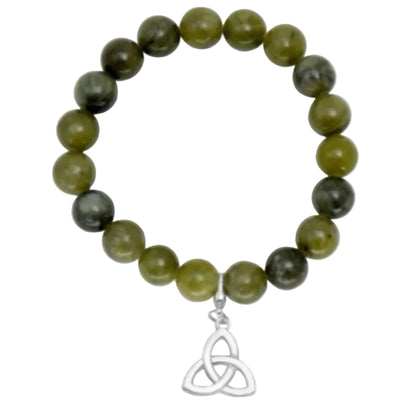 Green beaded bracelet with a hanging silver-colored trinity knot charm.