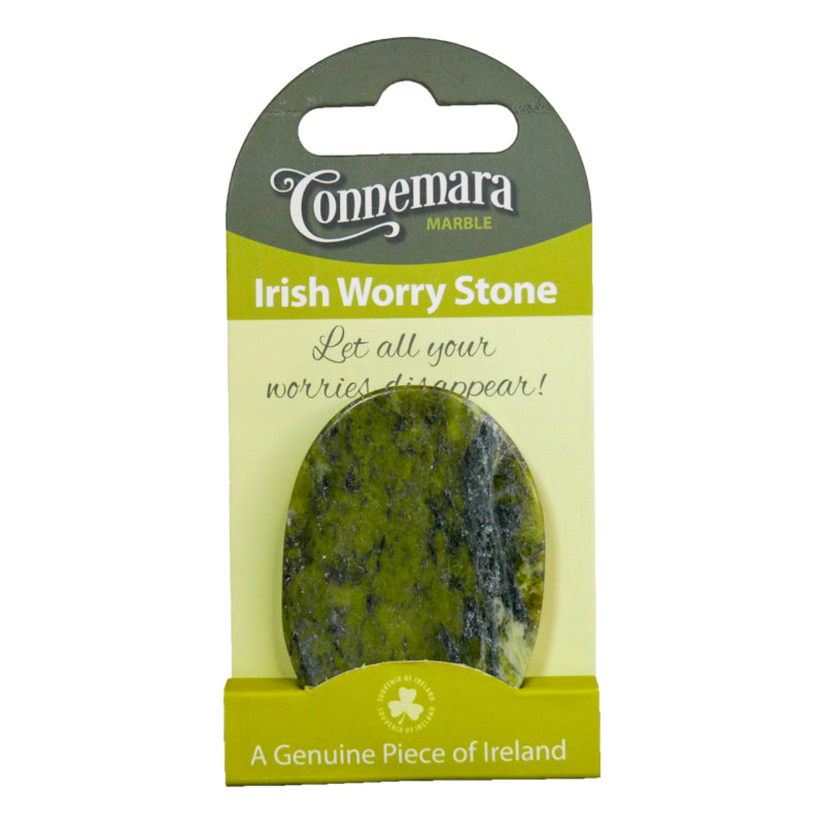 Green marble worry stone in light green cardboard packaging.
