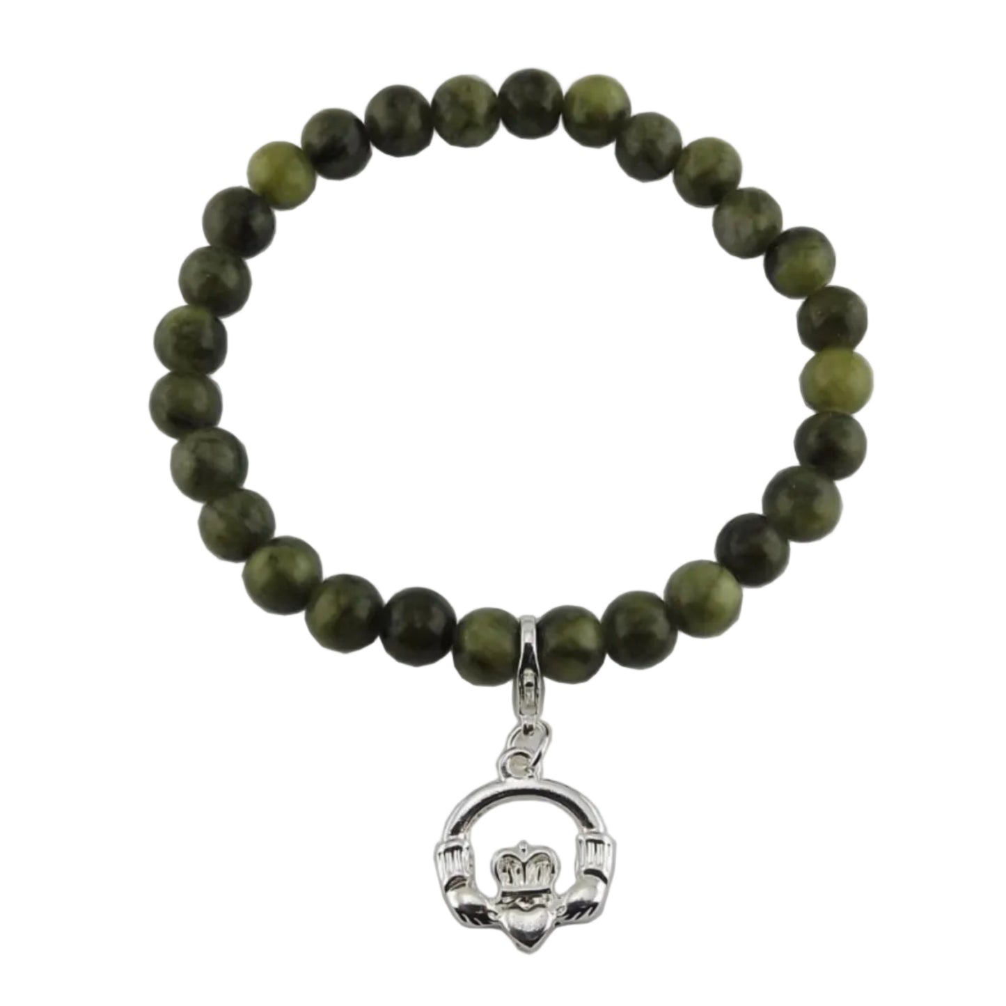 Green beaded bracelet with a silver claddagh charm on a white background