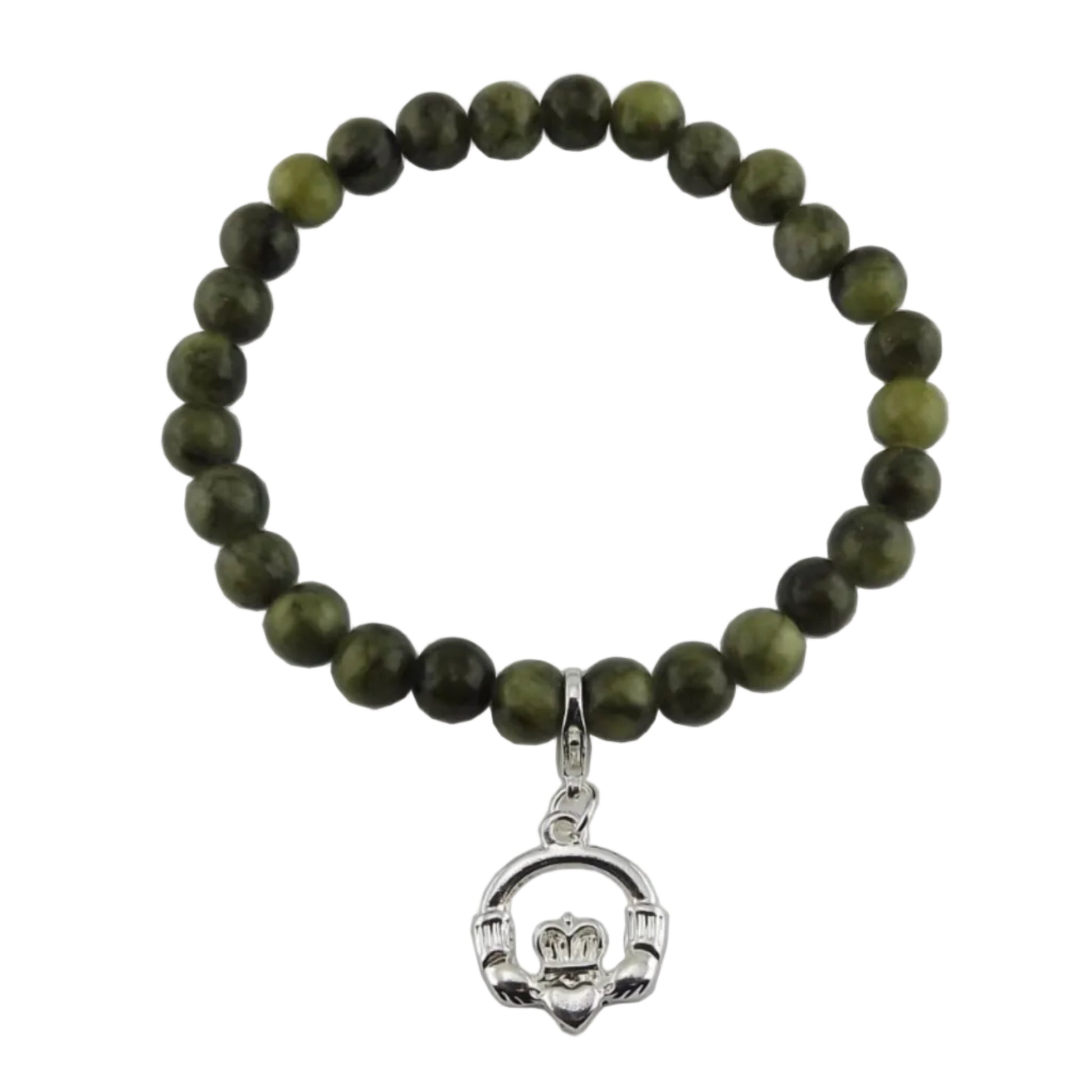 Green beaded bracelet with a silver claddagh charm on a white background