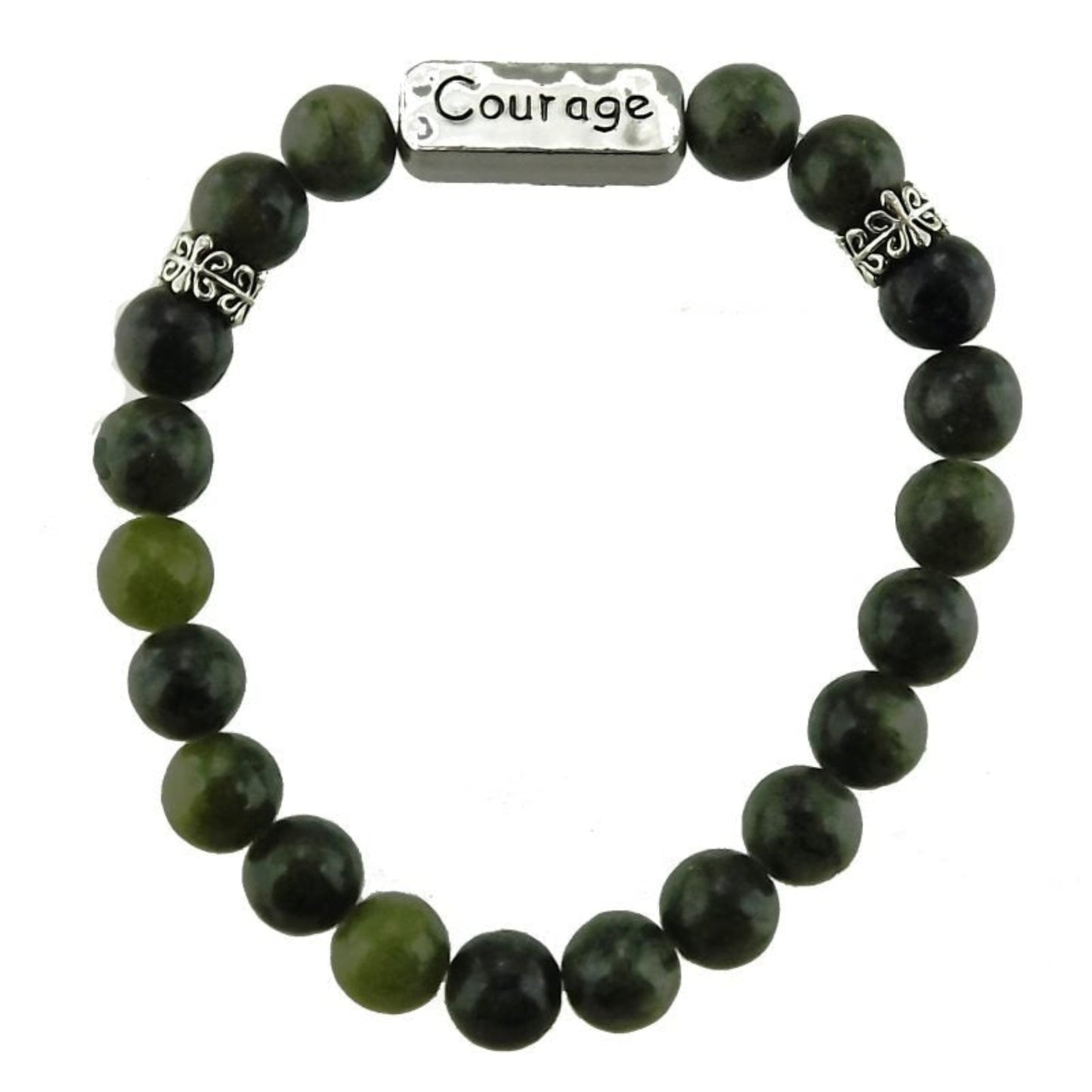 Green beaded bracelet with silver charms on a white background