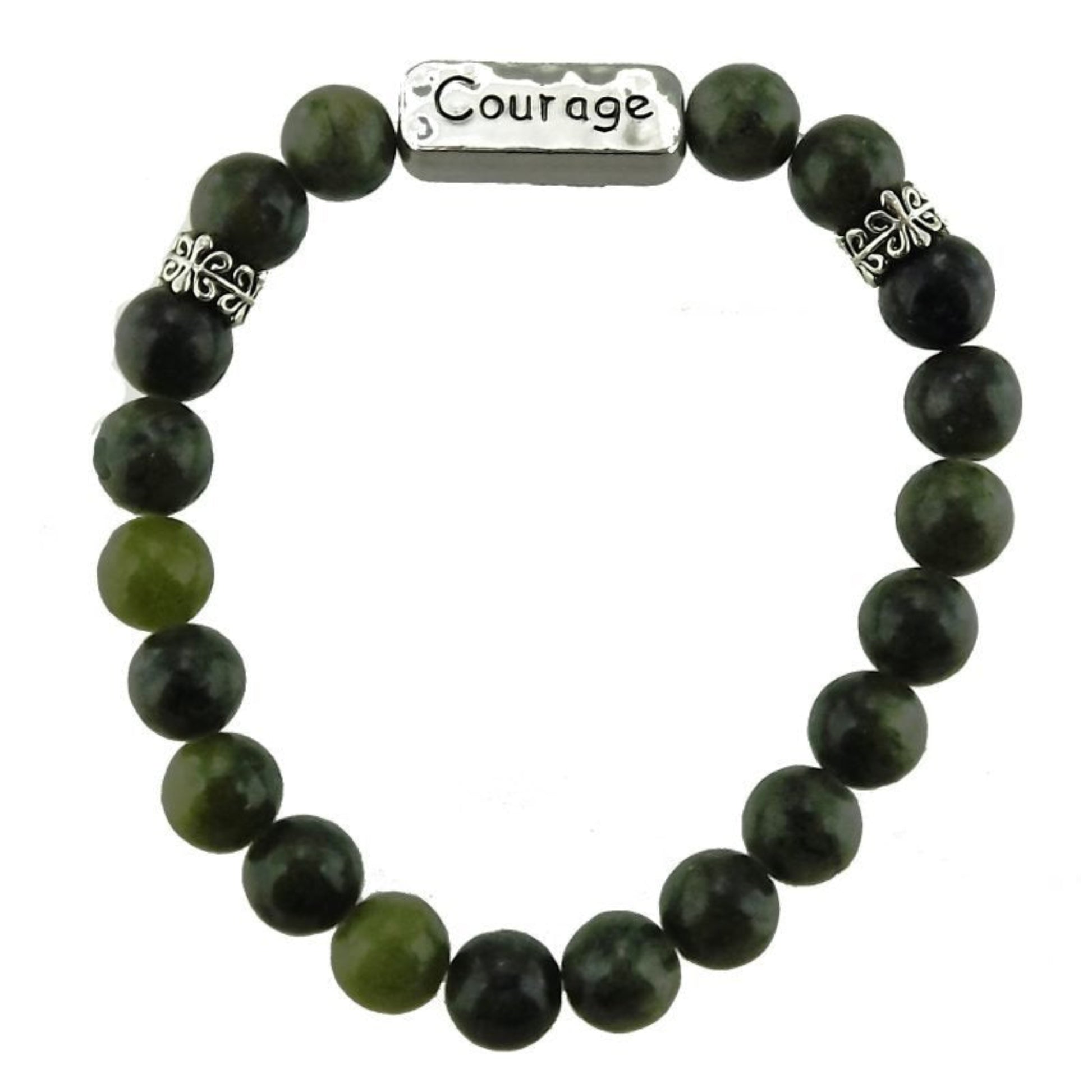 Green beaded bracelet with silver charms on a white background
