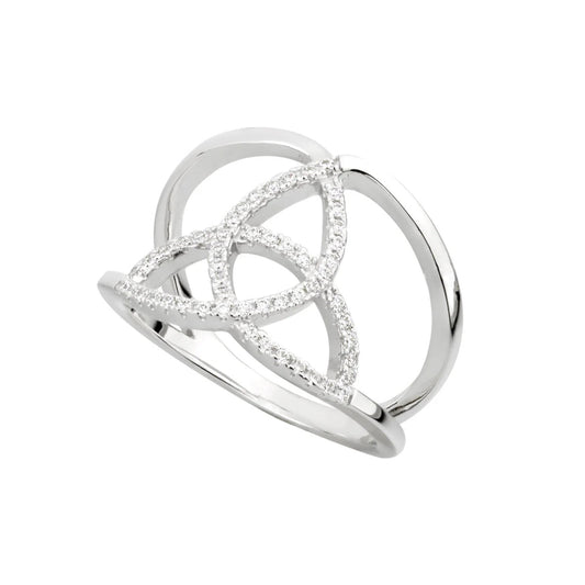 A sterling silver ring with cubic zirconia stones, featuring an open Trinity Knot design.