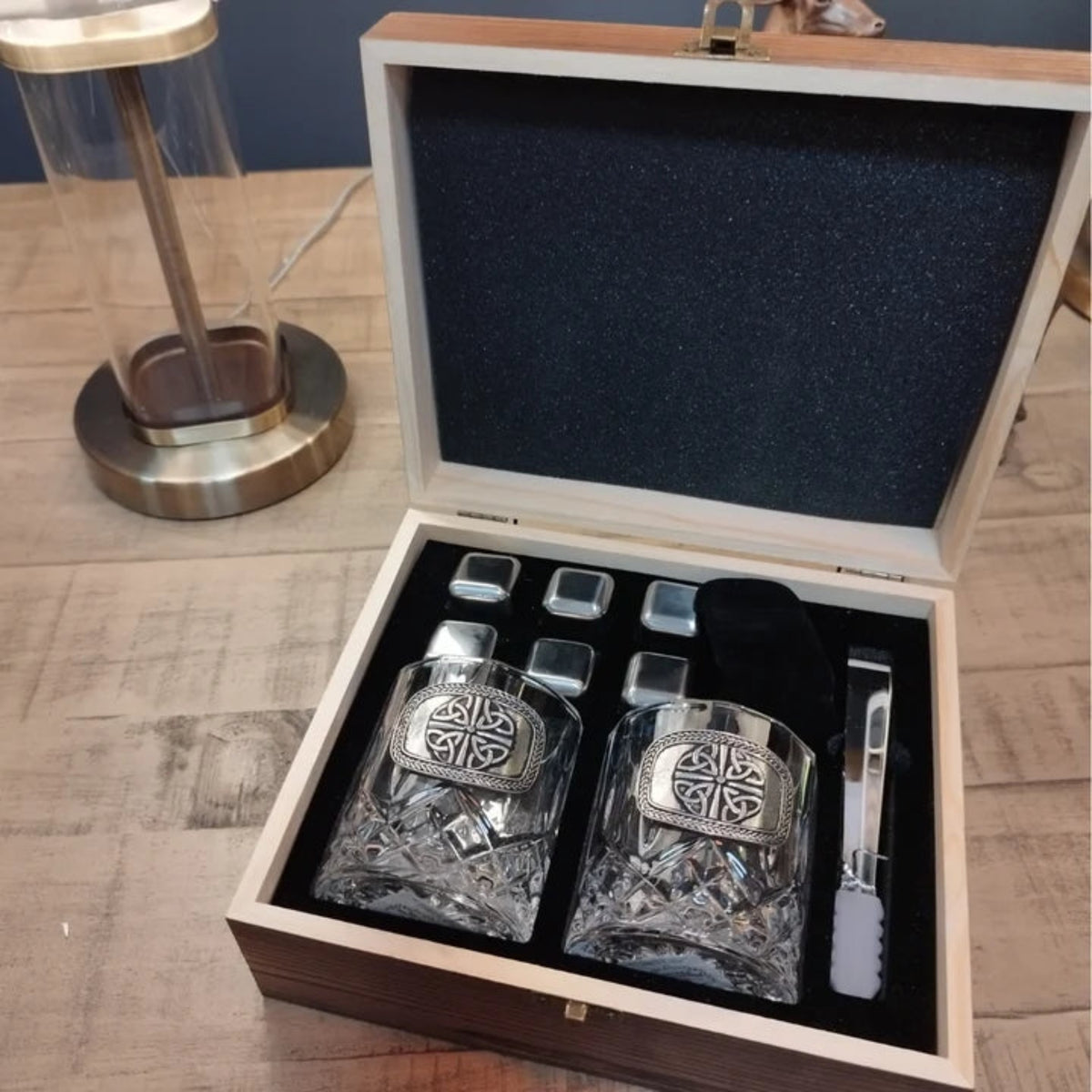 Cut_crystal_whiskey_glasses_with_a_Trinity_pewter_emblem_cubes_and_a_tong_720x