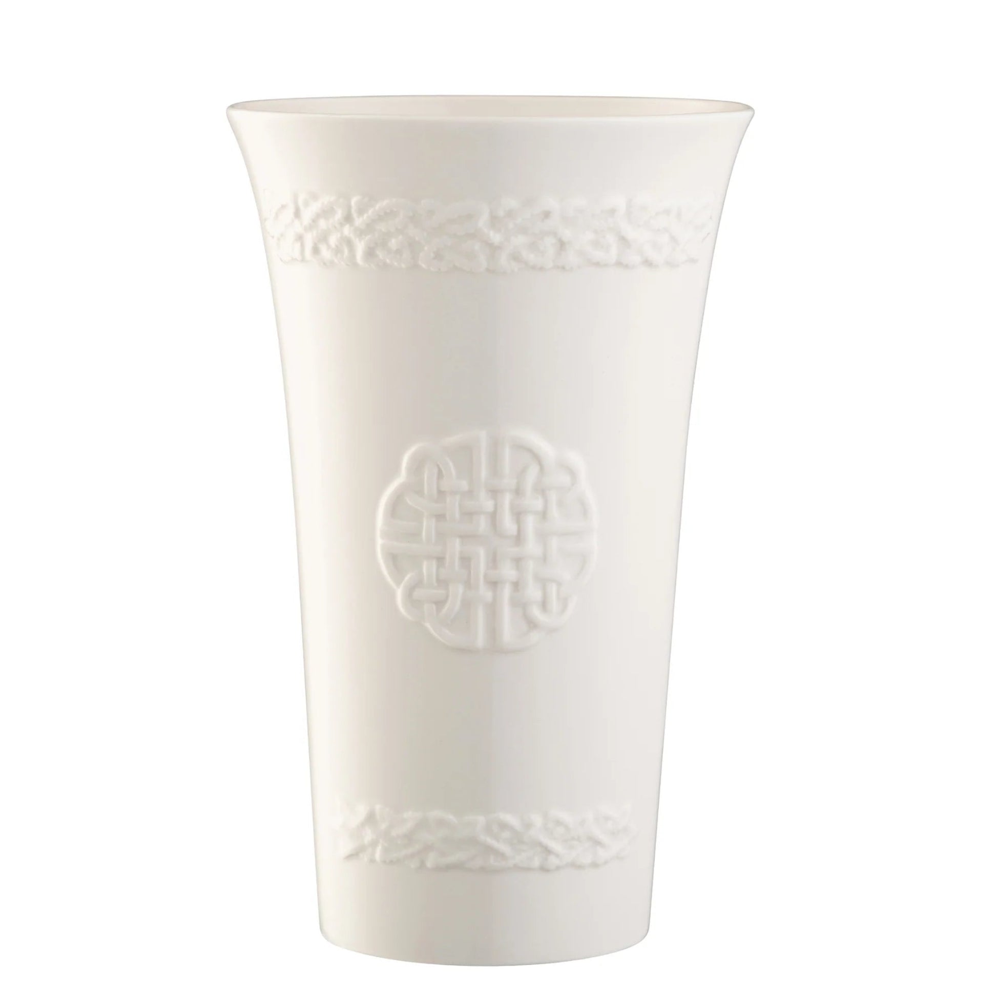 White porcelain vase with embossed Celtic knotwork.