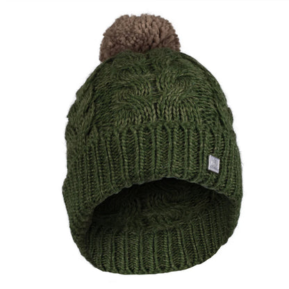 An olive green cable-knit beanie hat with a brown pom-pom on top and a small white brand tag on the side, shown against a plain white background.