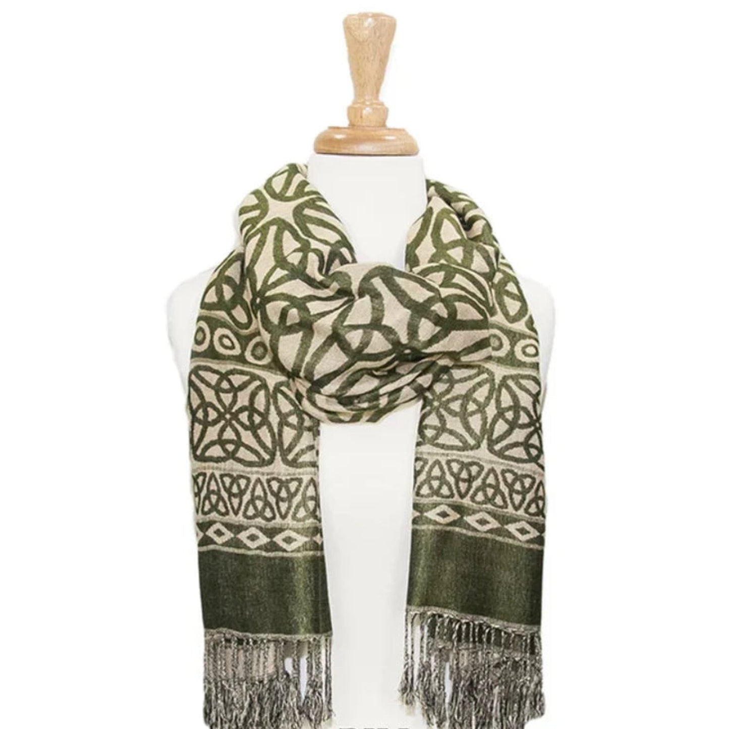 Green and beige patterned scarf with fringes on a mannequin against a white background, featuring the brand 'BILI celtic'.