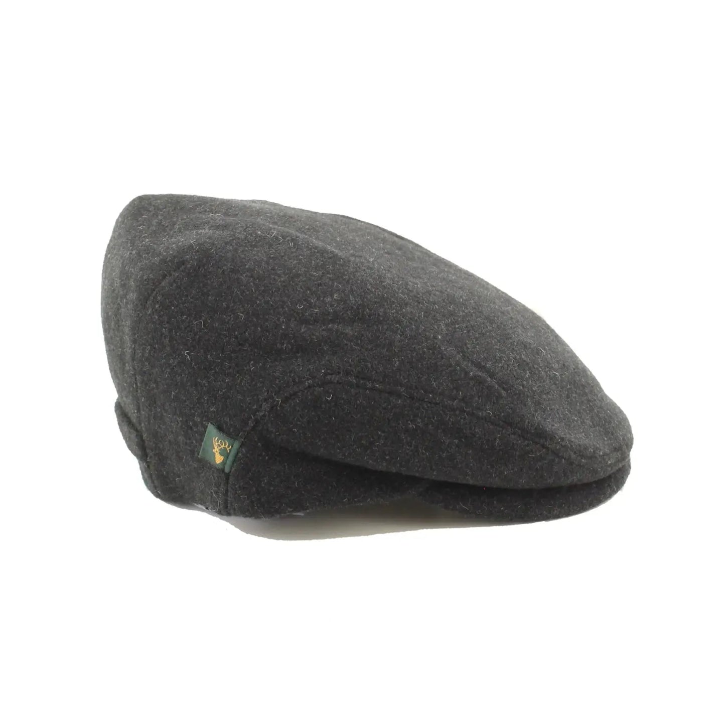 Dark gray flat cap with a brand logo on a white background