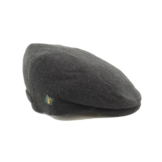 Dark gray flat cap with a brand logo on a white background