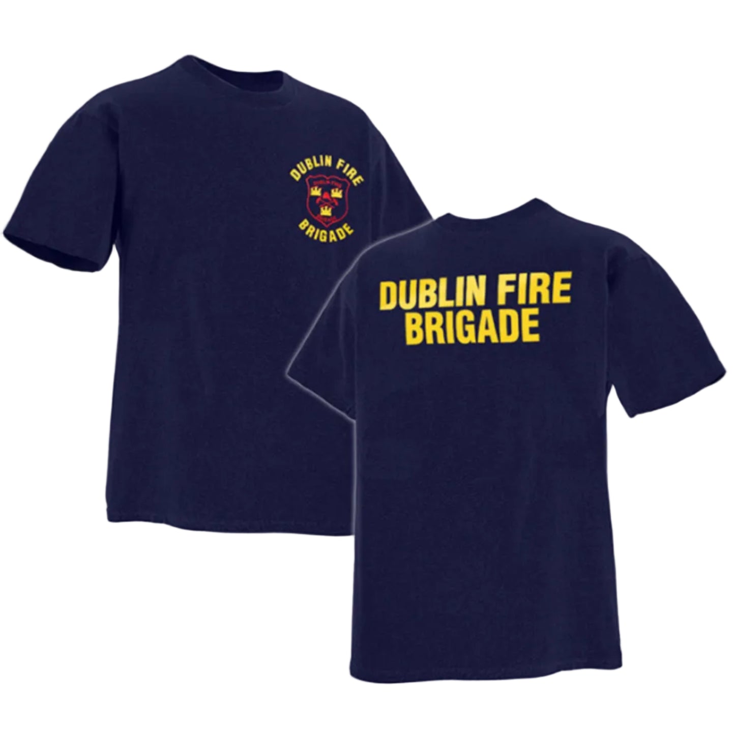 Navy blue t-shirt with 'Dublin Fire Brigade' text and logo on a white background