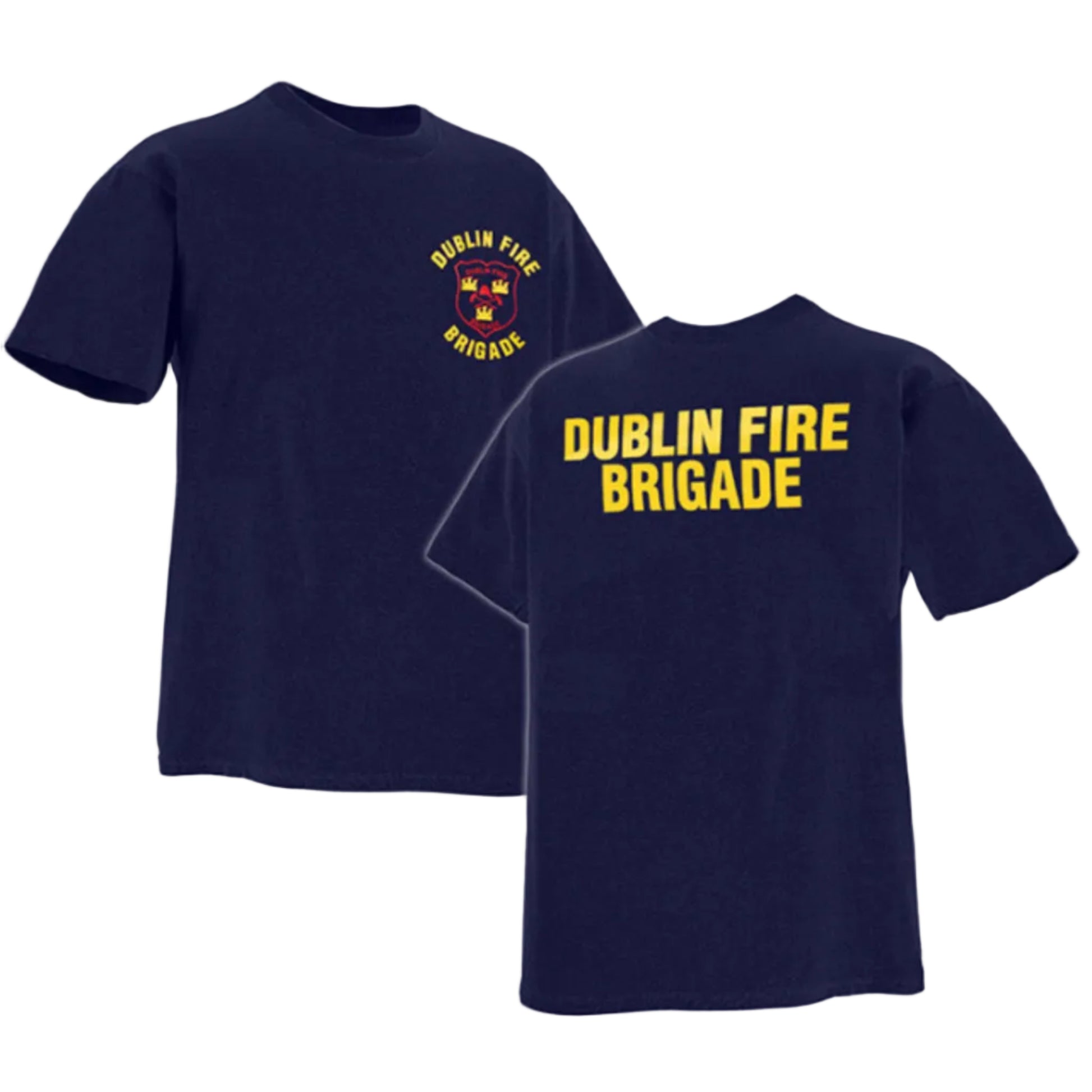 Navy blue t-shirt with 'Dublin Fire Brigade' text and logo on a white background
