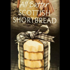 Duncan's of Deeside All Butter Scottish Shortbread packaging, featuring a stack of golden-brown shortbread cookies tied with a plaid ribbon, with hands kneading dough in the background.