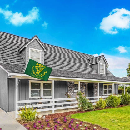 Gray house flying an Erin go Bragh flag off the porch.