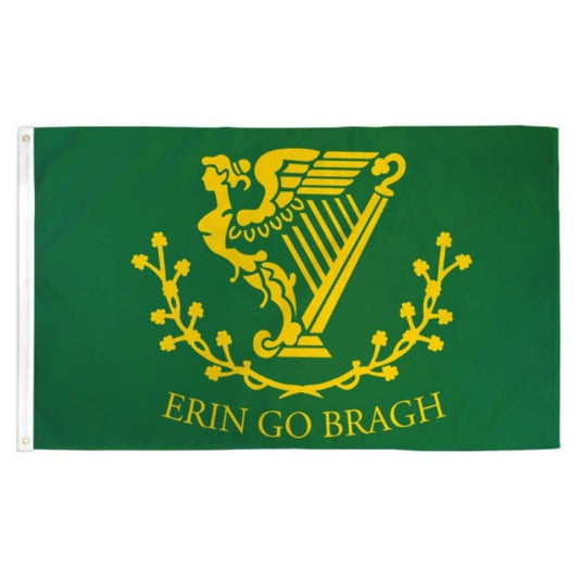 Green flag with a yellow harp and text that says "Erin go Bragh."