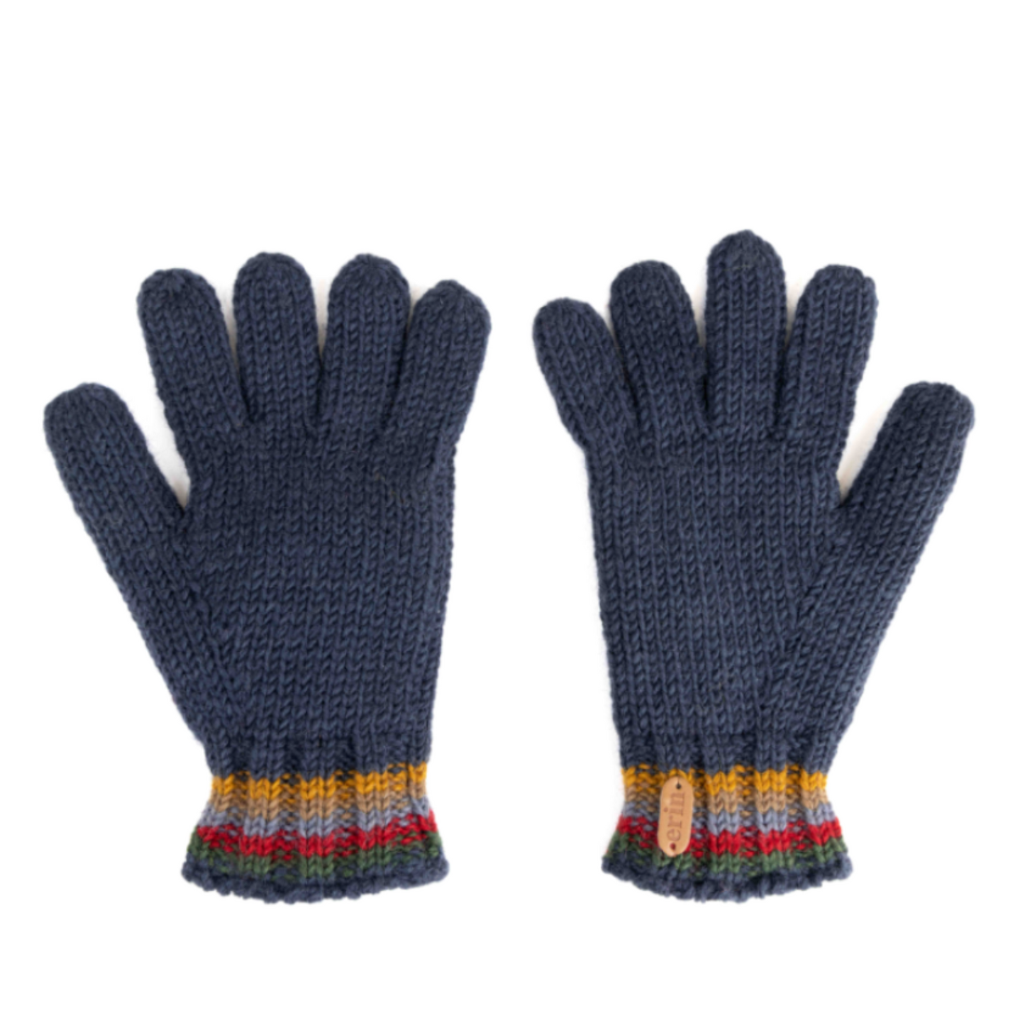 A pair of dark blue knit gloves with colorful banding around the wrist. 