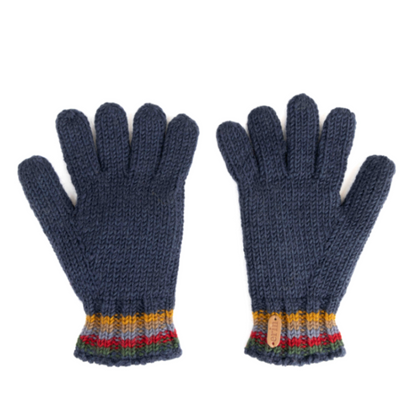 A pair of dark blue knit gloves with colorful banding around the wrist. 