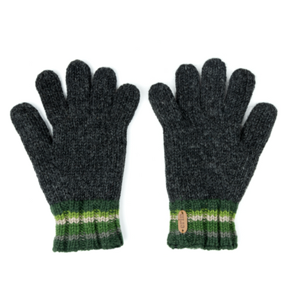 A pair of dark grey knit gloves with green banding around the wrist. 