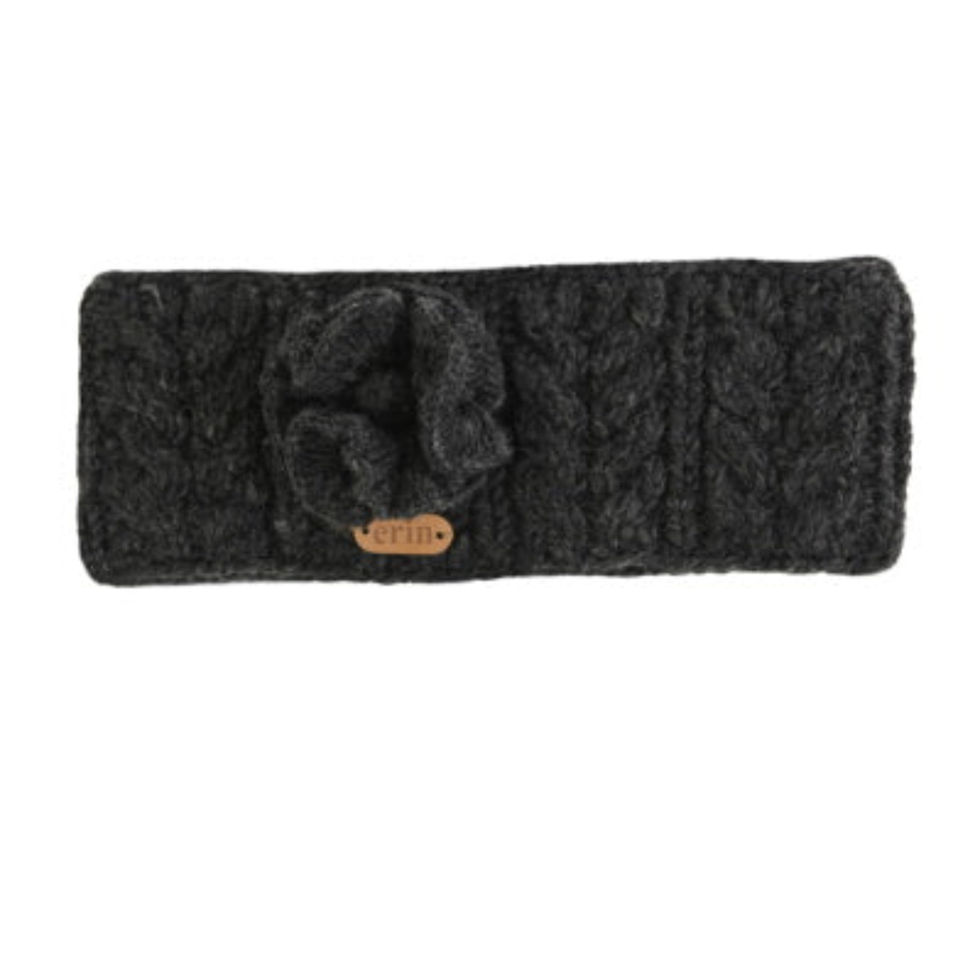 Black knitted headband with a knitted flower corsage
