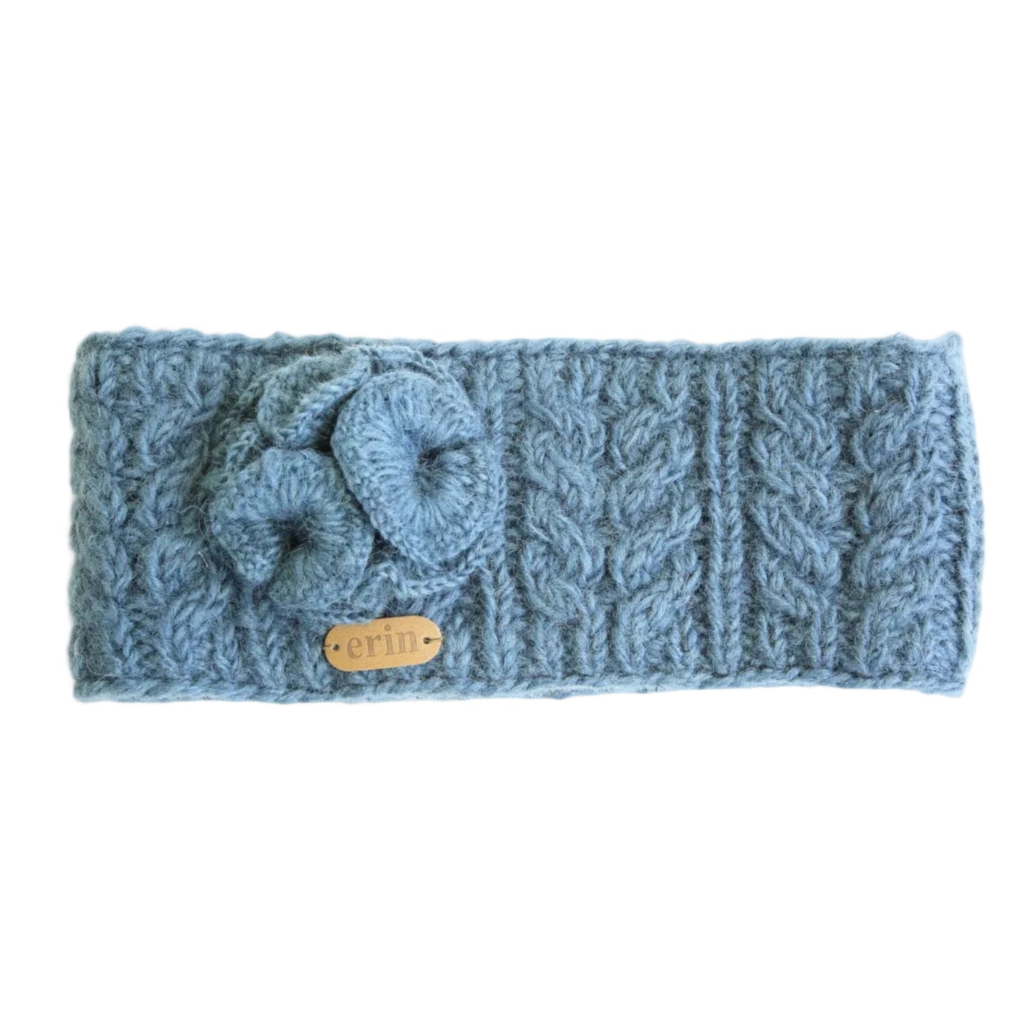 Blue knitted headband with a knitted flower corsage