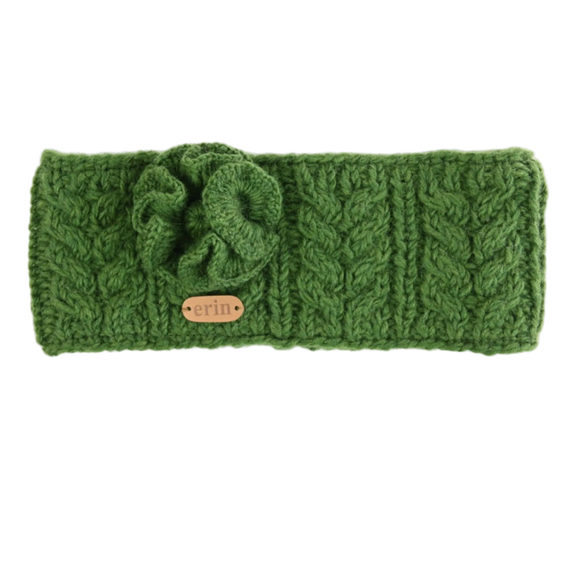 Green knitted headband with a knitted flower corsage