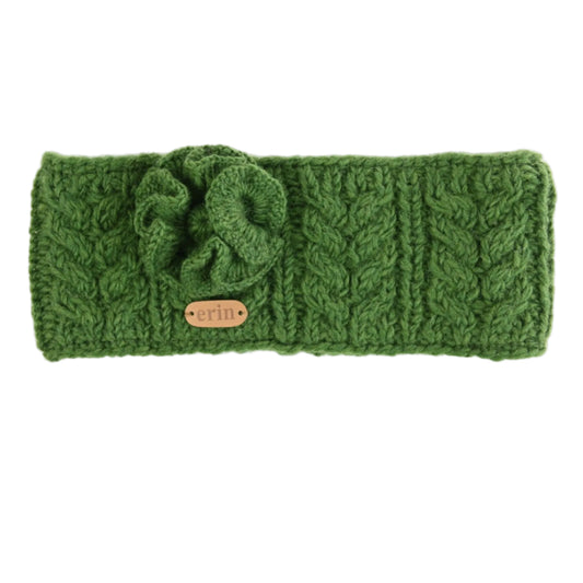 Green knitted headband with a knitted flower corsage