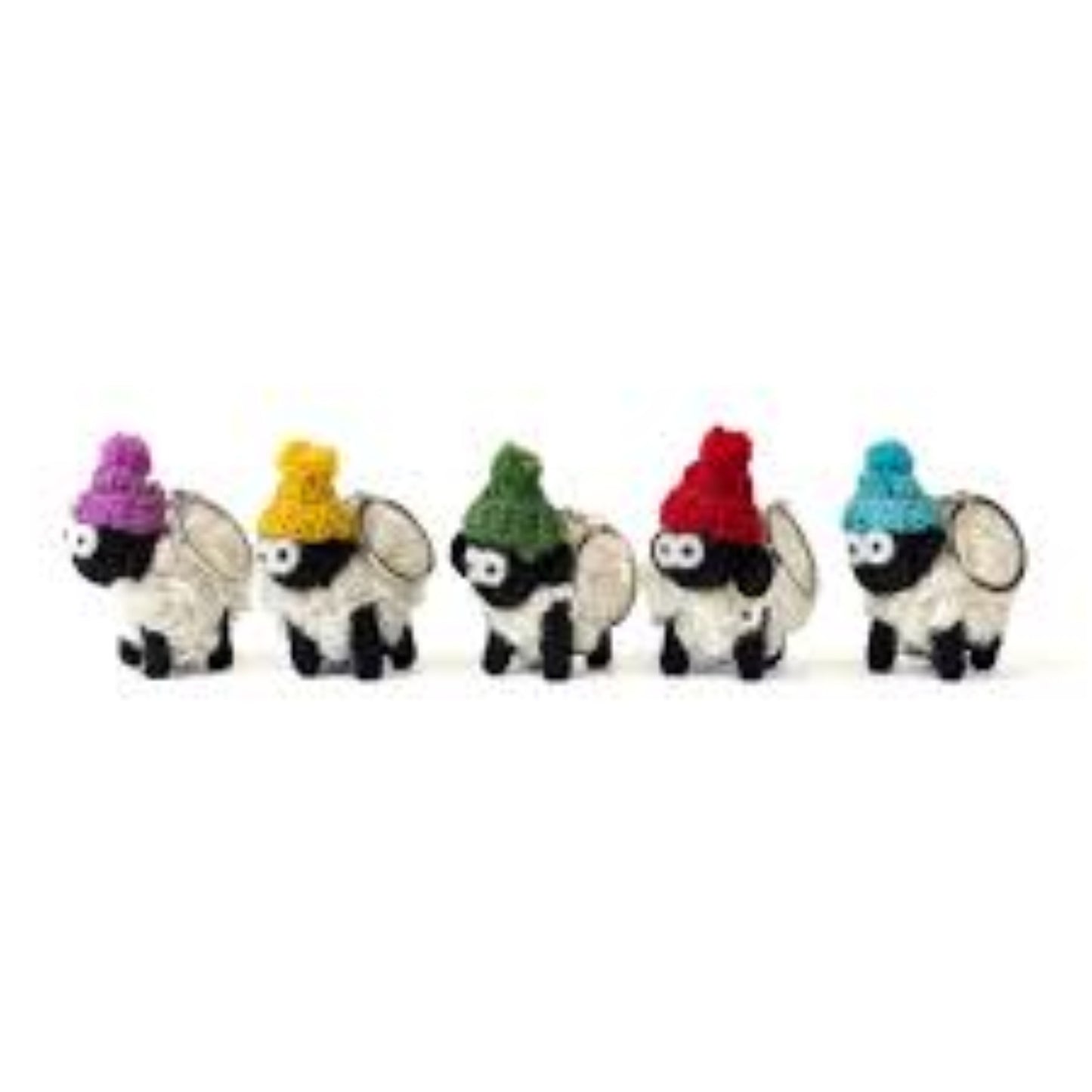 Five sheep keyrings with bobble hats in various colors