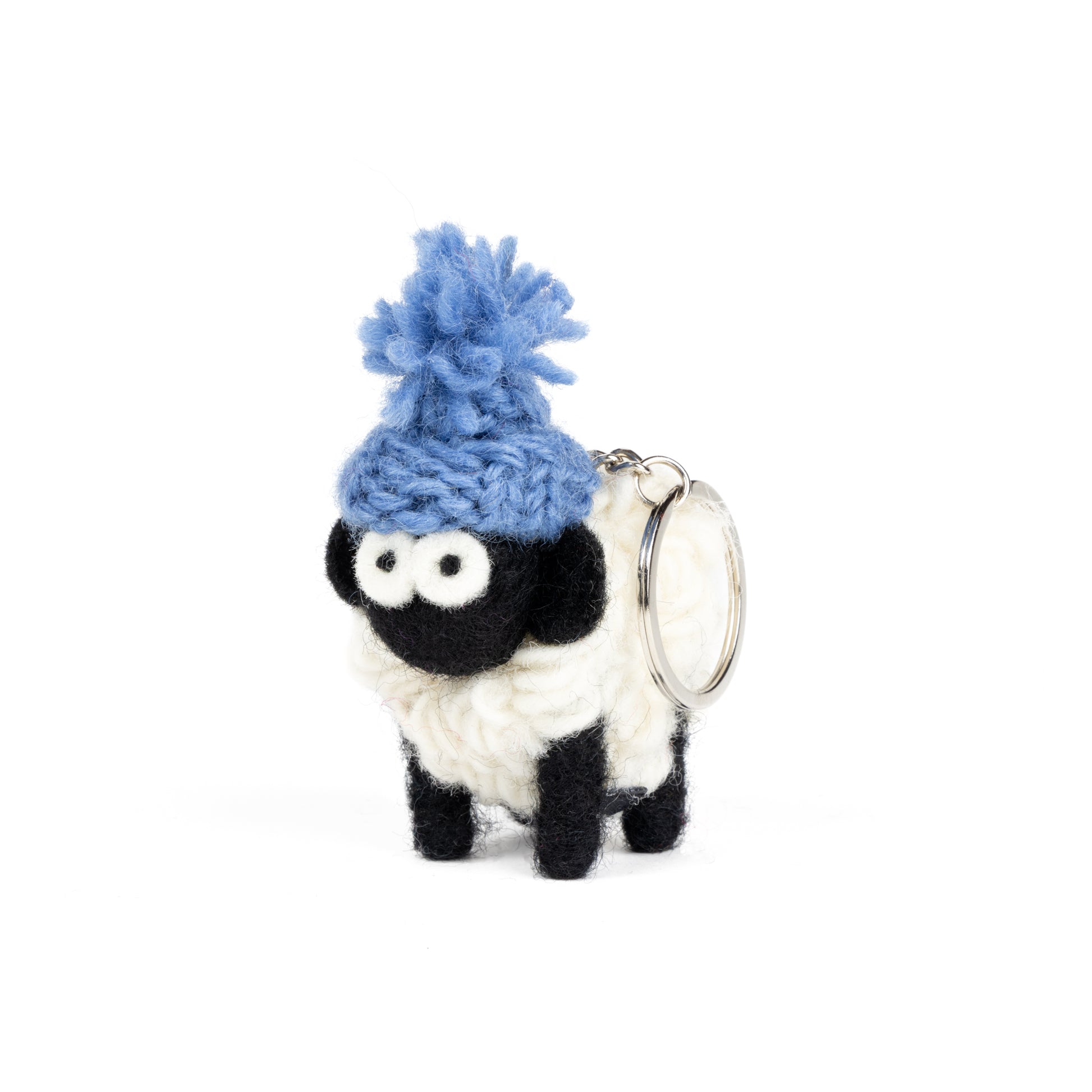 Sheep keyring with blue knit bobble hat