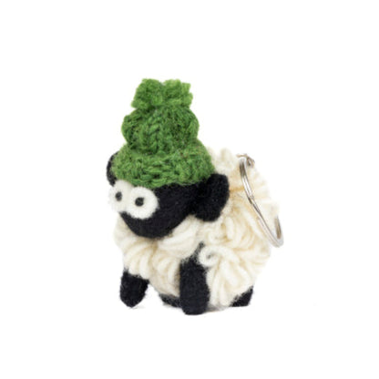 Sheep keyring with green knit bobble hat