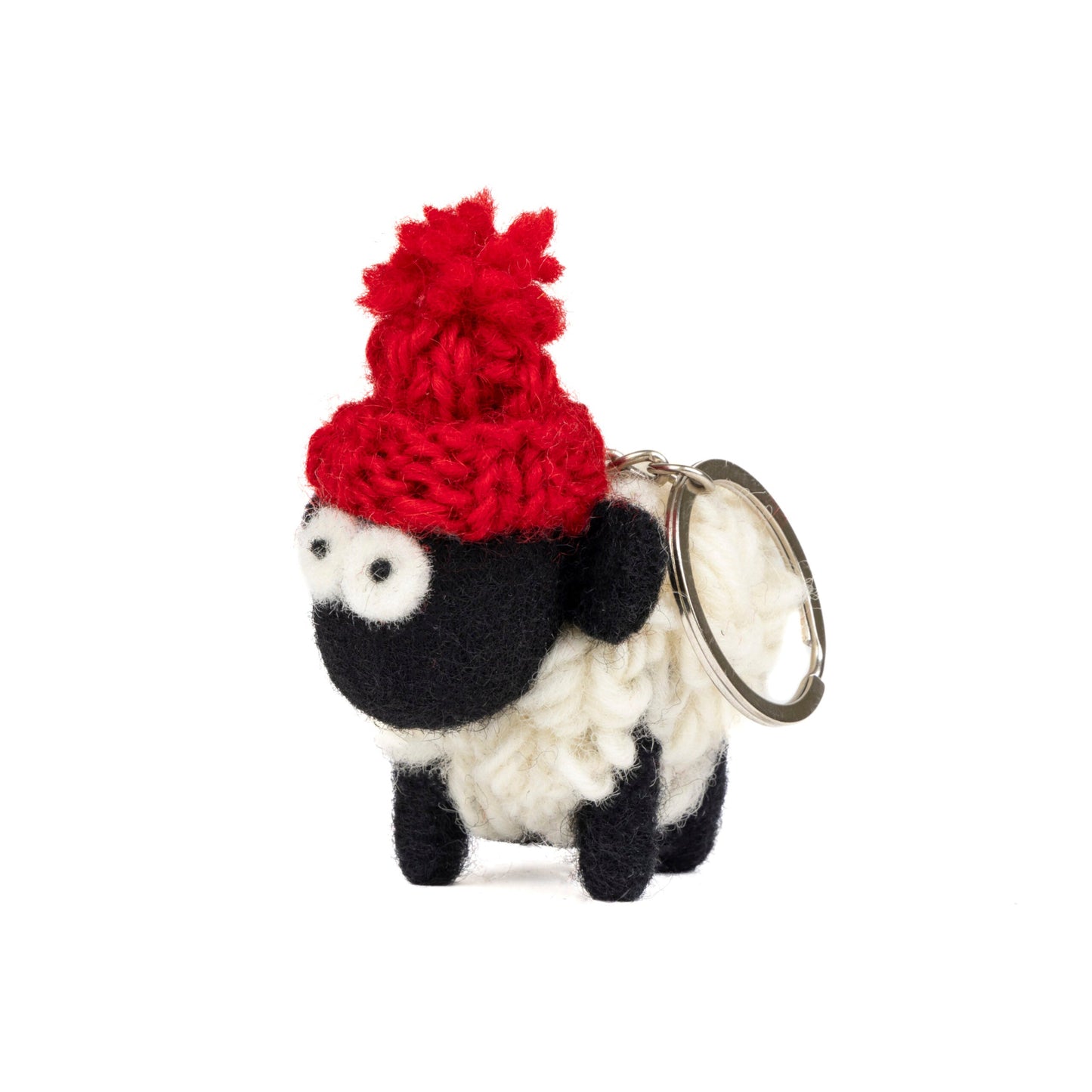 Sheep keyring with red knit bobble hat