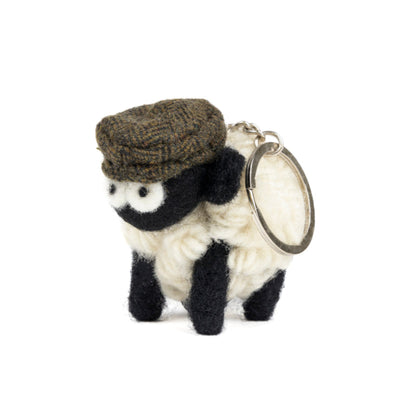 Wool sheep keyring with a brown flat cap