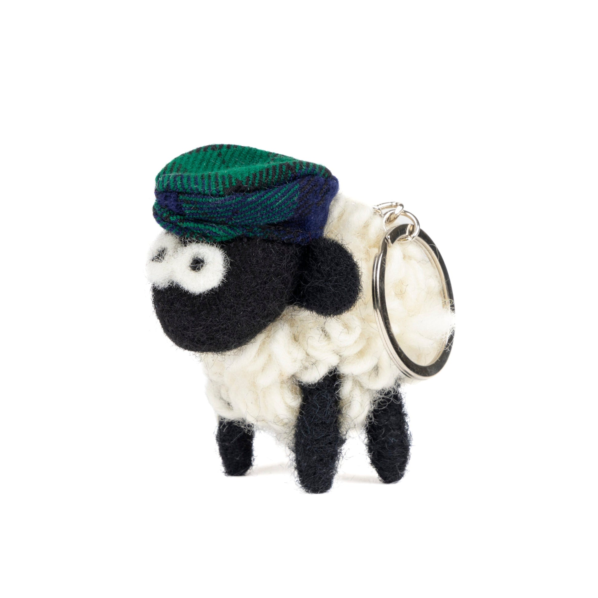 Wool sheep keyring with a green flat cap