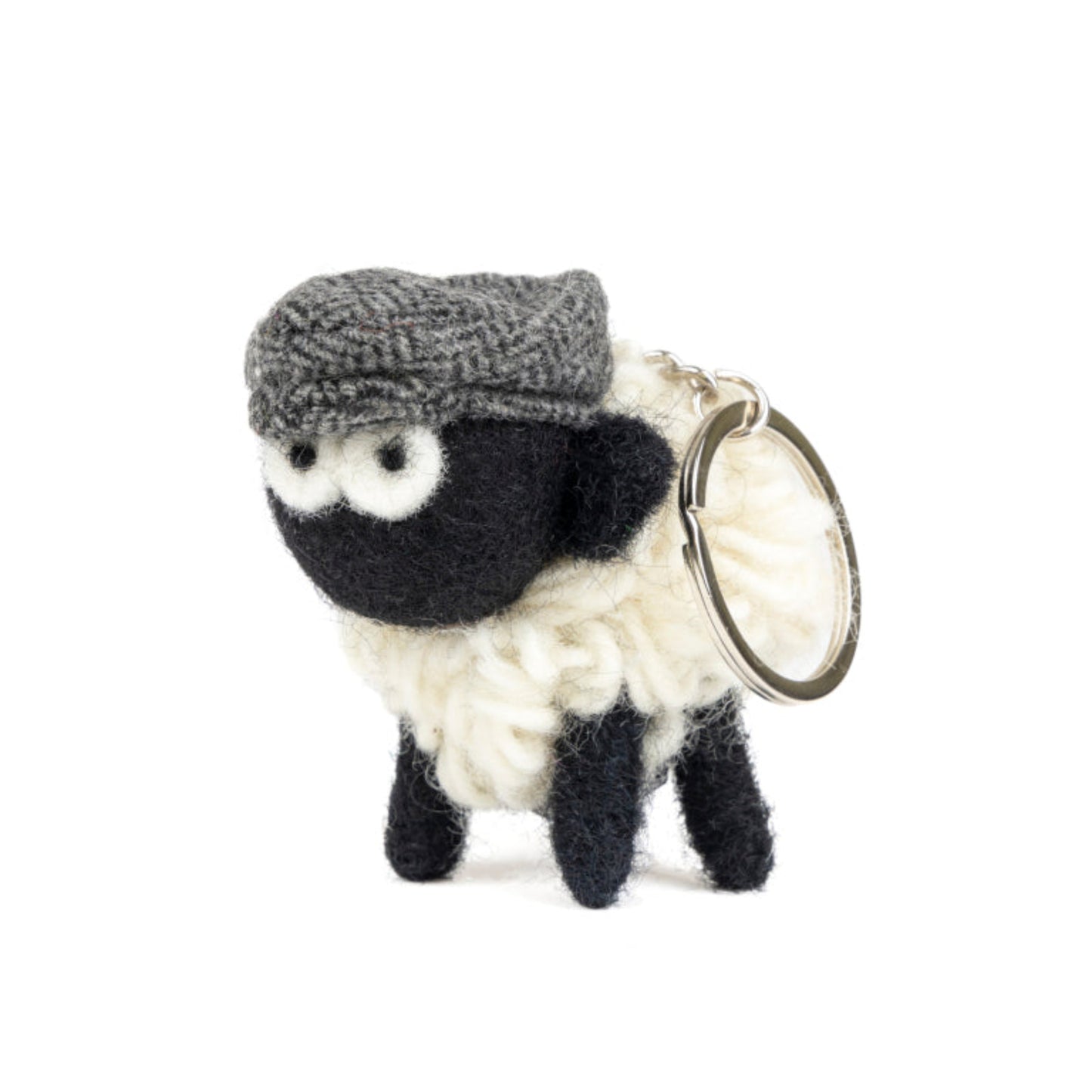Wool sheep keyring with a grey flat cap