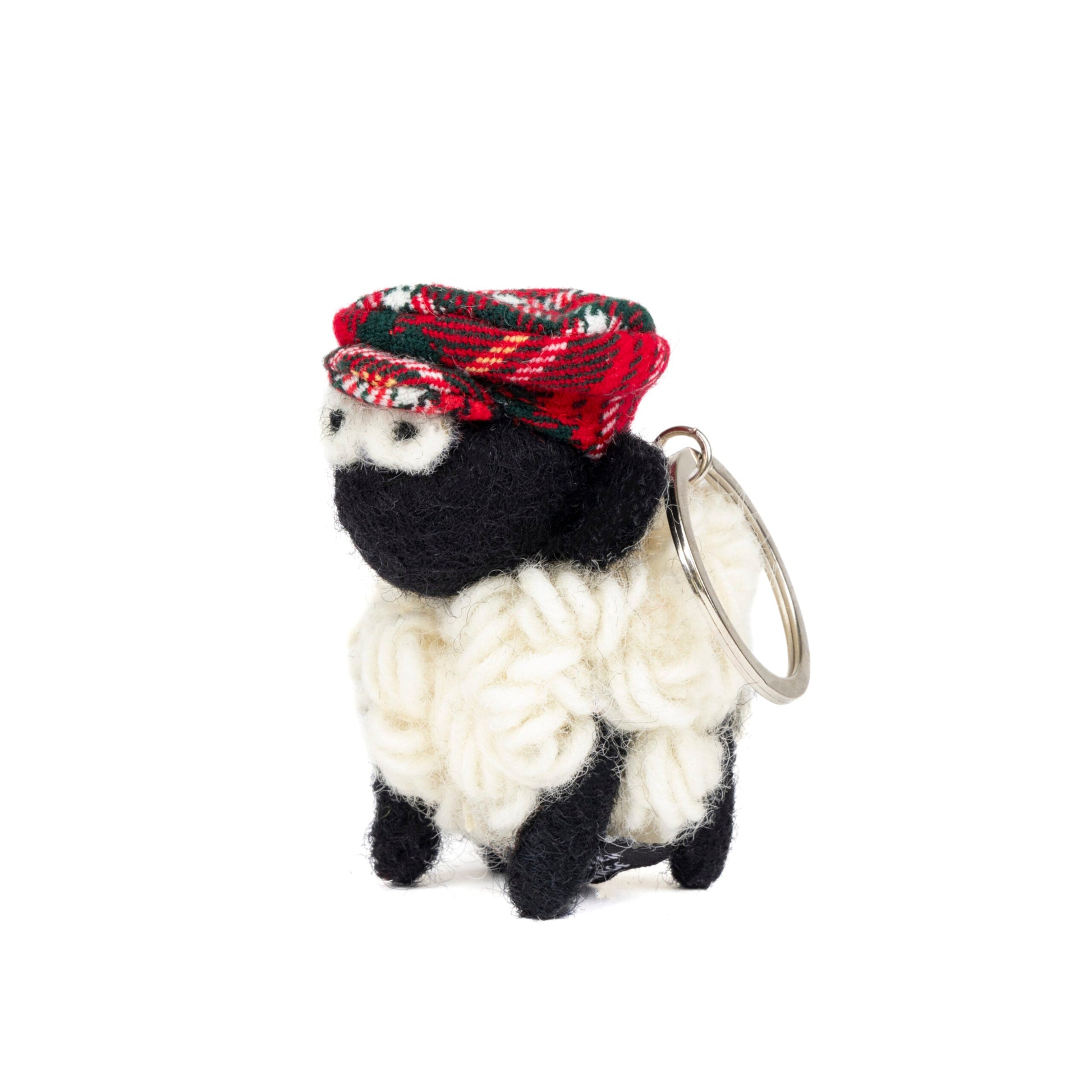 Wool sheep keyring with a red flat cap