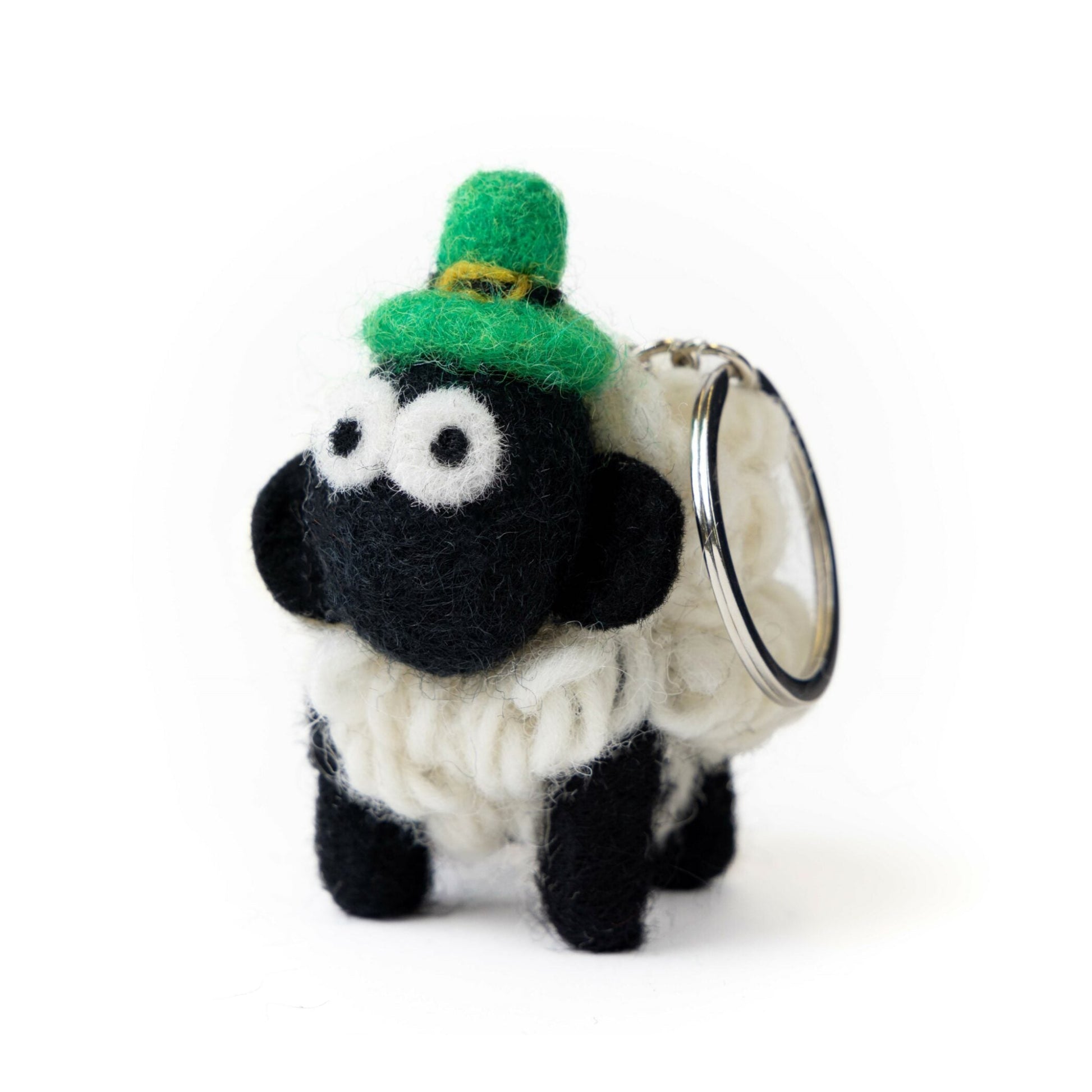 Small wool sheep keyring with a green felt leprechaun hat