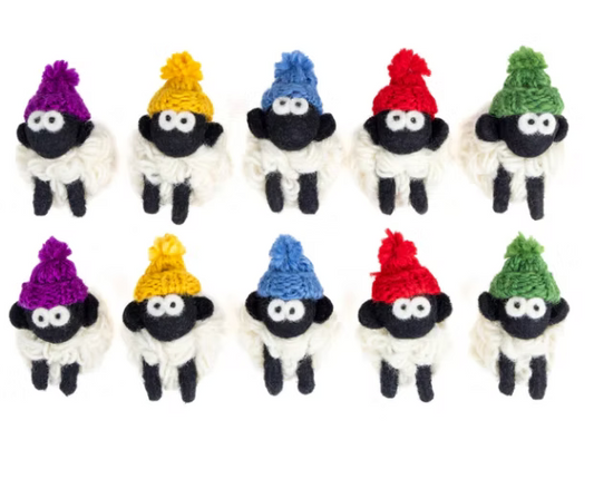Ten small sheep magnets with knit bobble hats in various colors.