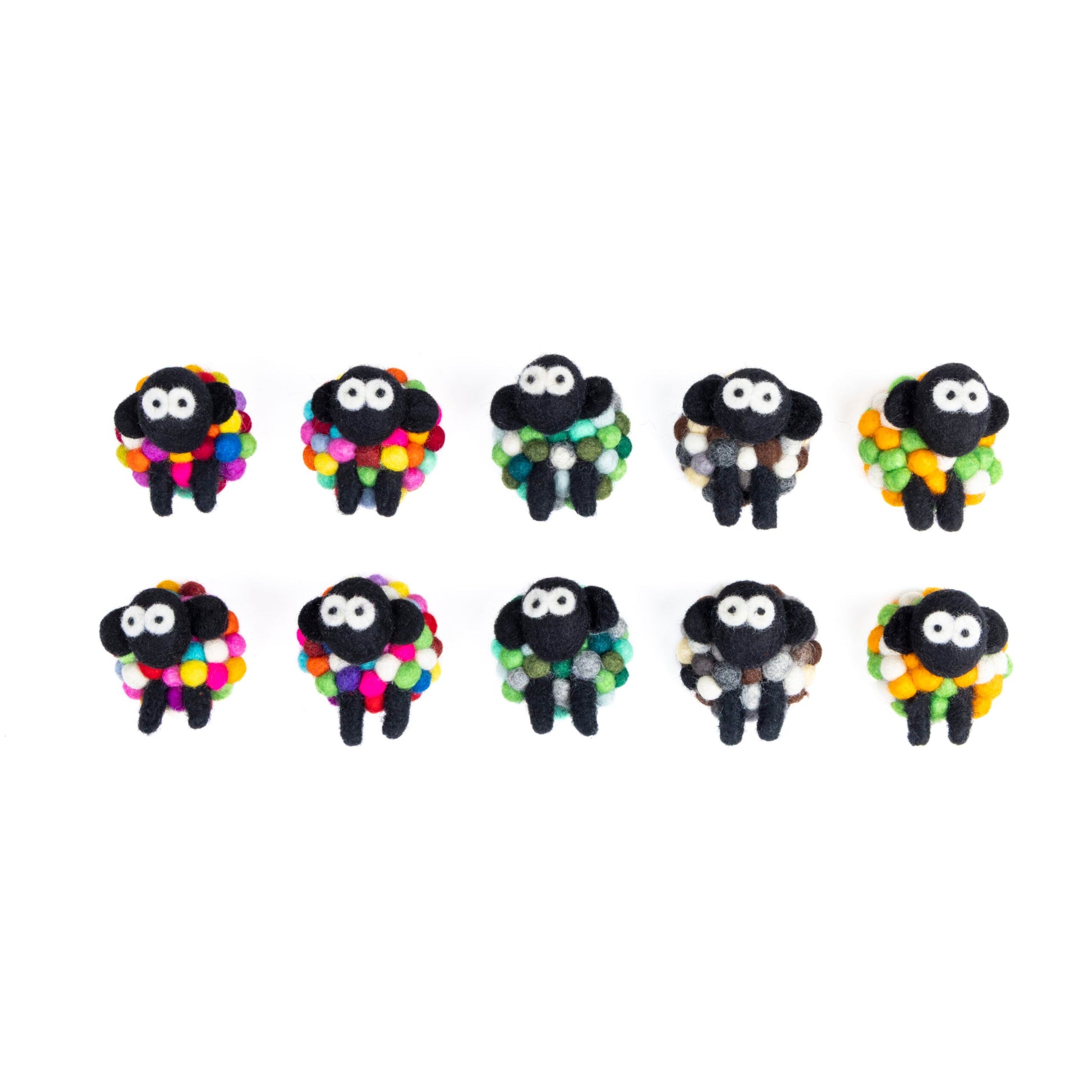 Ten multicolor felt wool ball sheep. 