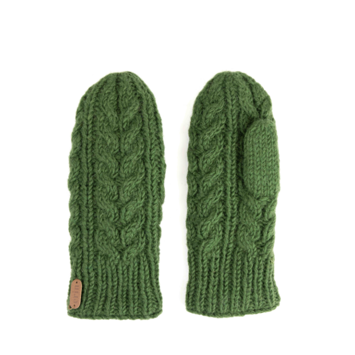 A pair of green mittens in Aran knit style