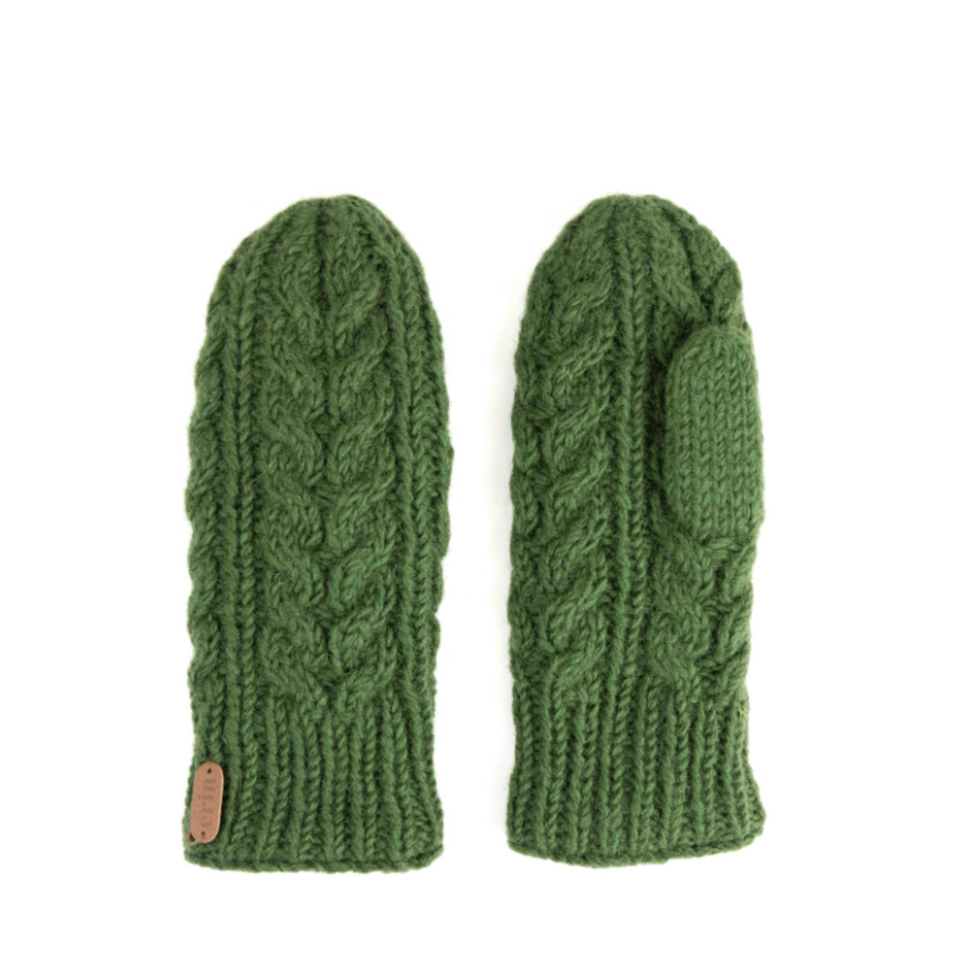 A pair of green mittens in Aran knit style