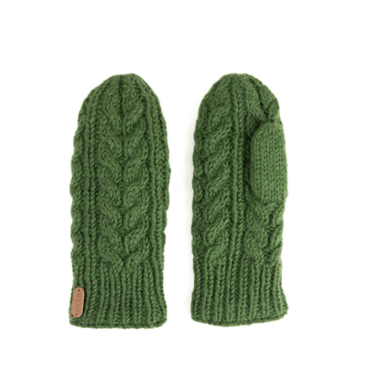 A pair of green mittens in Aran knit style