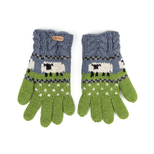 A pair of aran cable knit gloves in green and blue with sheep design.