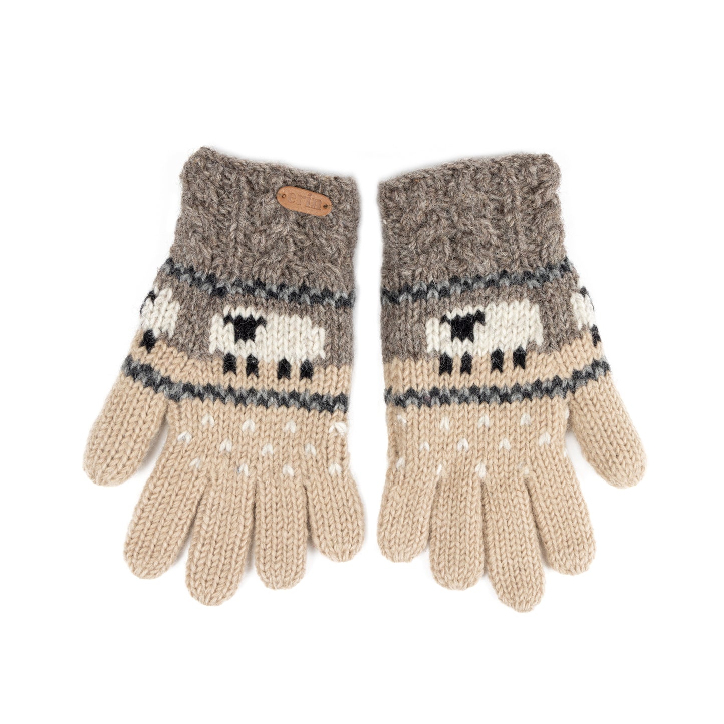 A pair of aran cable knit gloves in grey and beige with sheep design.